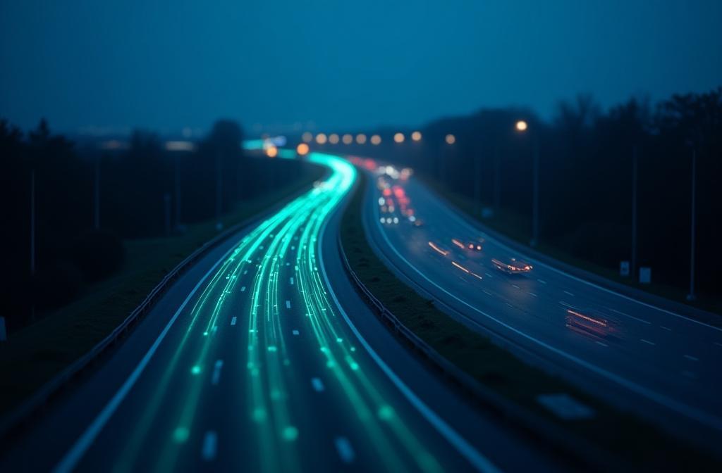 Luftaufnahme einer europäischen Autobahn mit visualisierten digitalen Pfaden, die für ein Logistik-Webinar wirbt